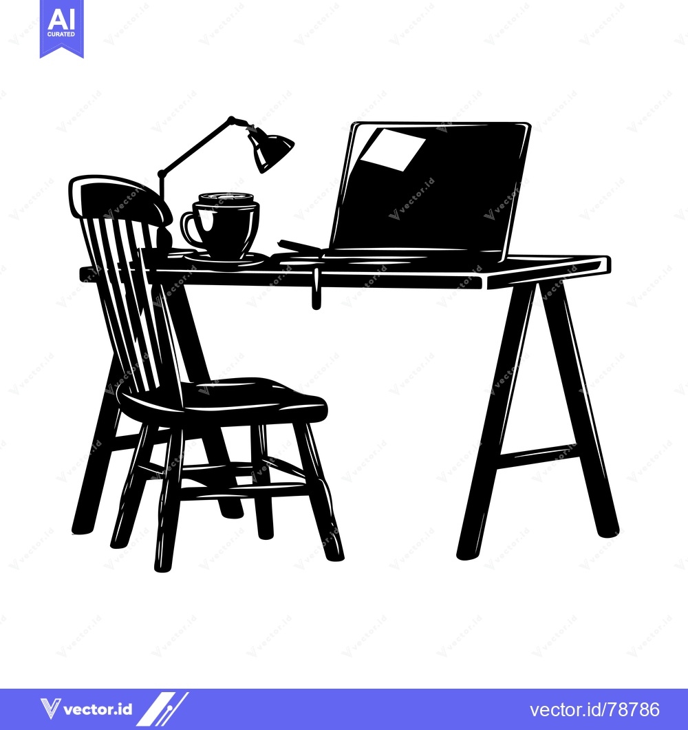 Premium Vector dari Silhouette of a Desk with a Chair, Laptop, and Cup