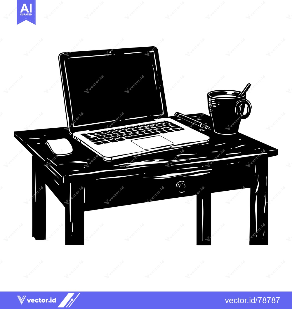 Premium Vector dari Black and White Illustration of a Laptop on a Desk with a Cup and Penc