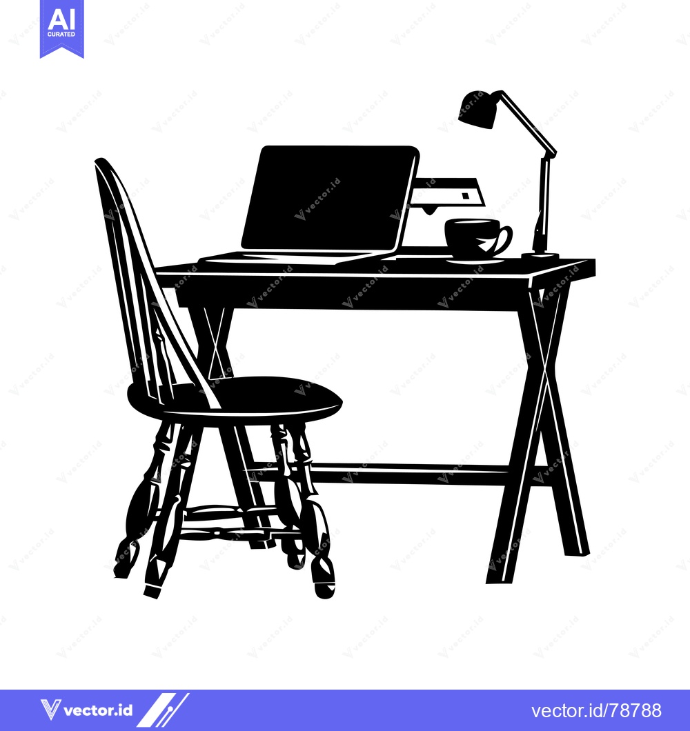 Premium Vector of Black and White Silhouette of a Desk with a Chair, Laptop, Lamp, and C