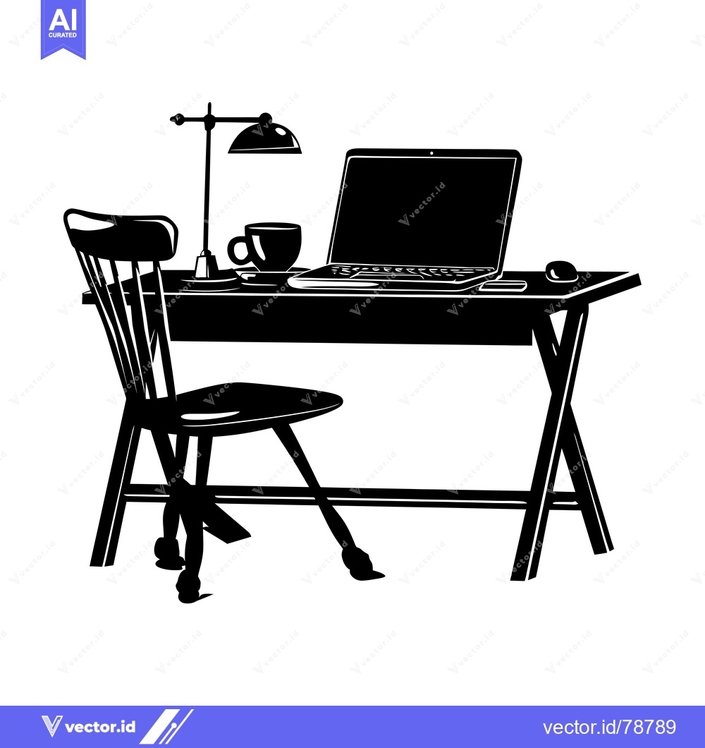 Premium Vector of Silhouette of a Desk with Laptop, Chair, Lamp, and Coffee Cup