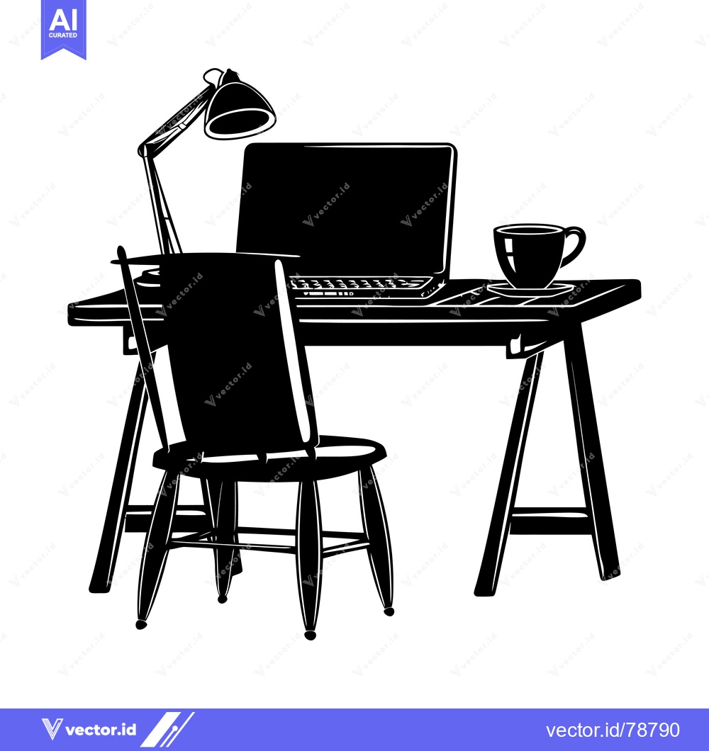 Premium Vector dari Silhouette of a Desk with Chair and a Cup of Coffee