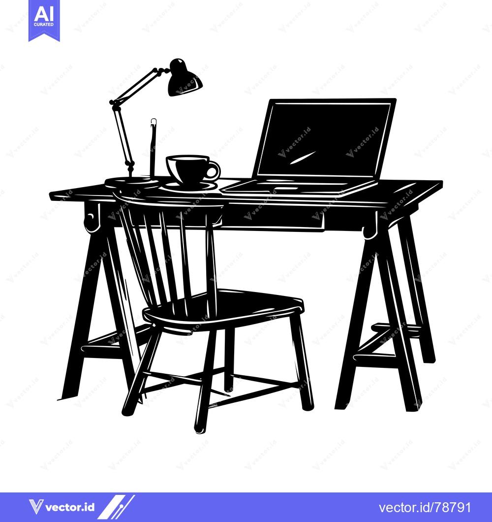 Premium Vector dari Black and White Illustration of a Desk with a Laptop, a Chair, and a C
