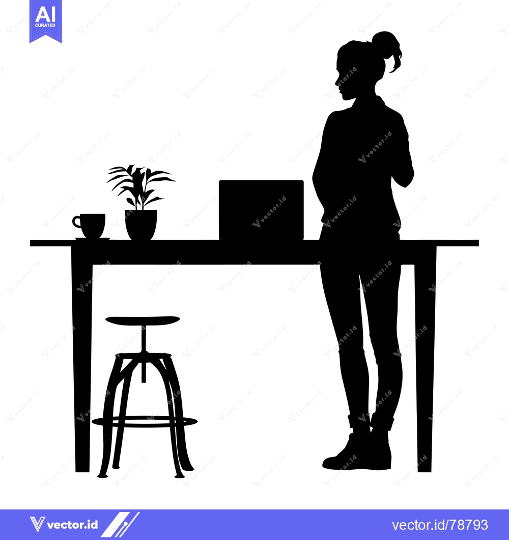 Premium Vector dari Silhouette of a Woman Standing at a Table with a Laptop, Plant, and Co
