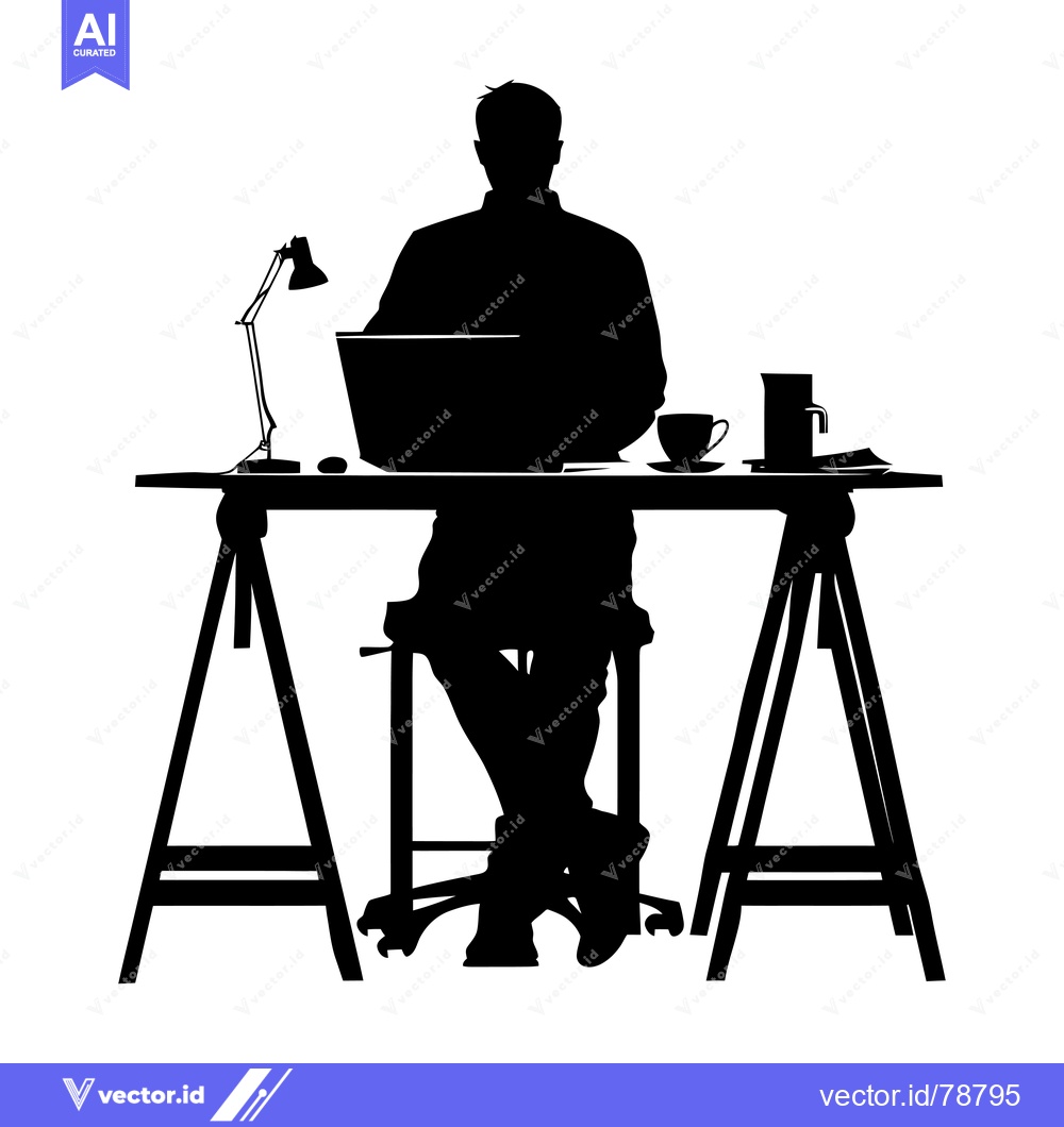 Premium Vector dari Silhouette of a Person Working at a Desk with a Laptop, Lamp, and Coff