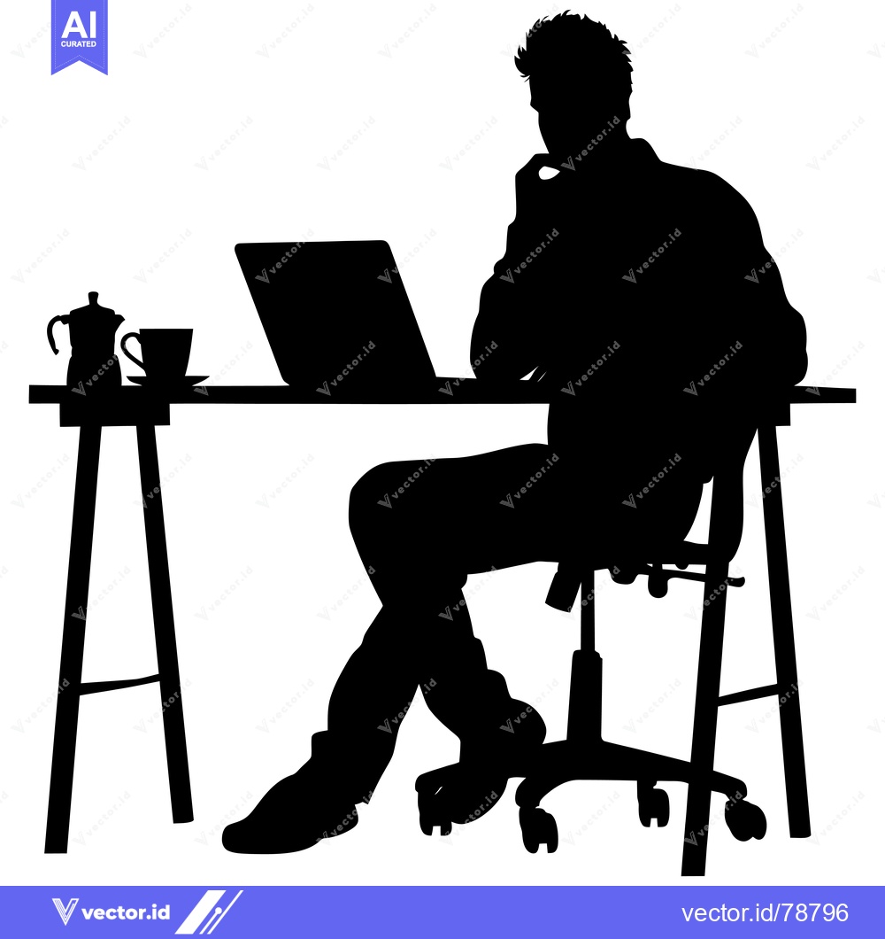 Premium Vector of Silhouette of a Man Working at a Desk with a Laptop and Coffee