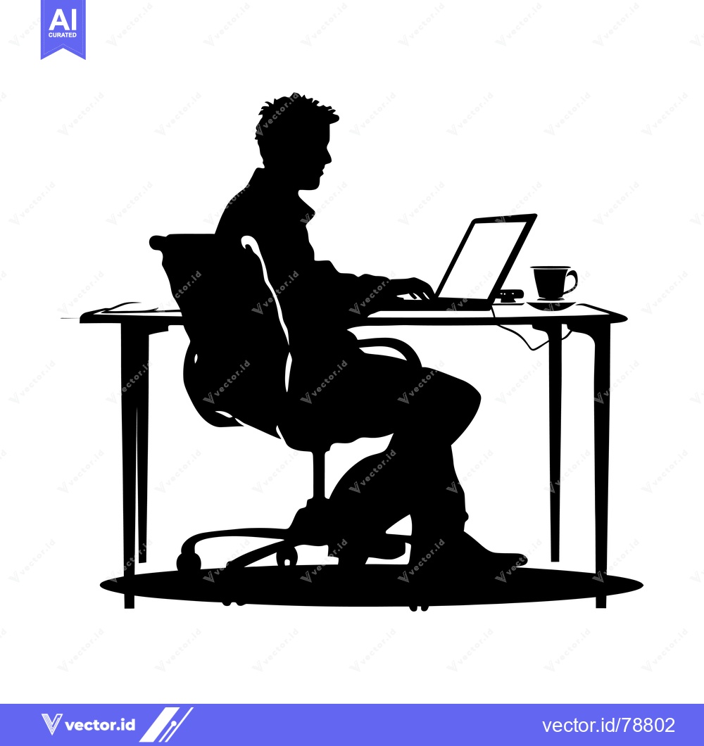 Premium Vector of Silhouette of a man sitting at a desk with a laptop and a cup of coffe