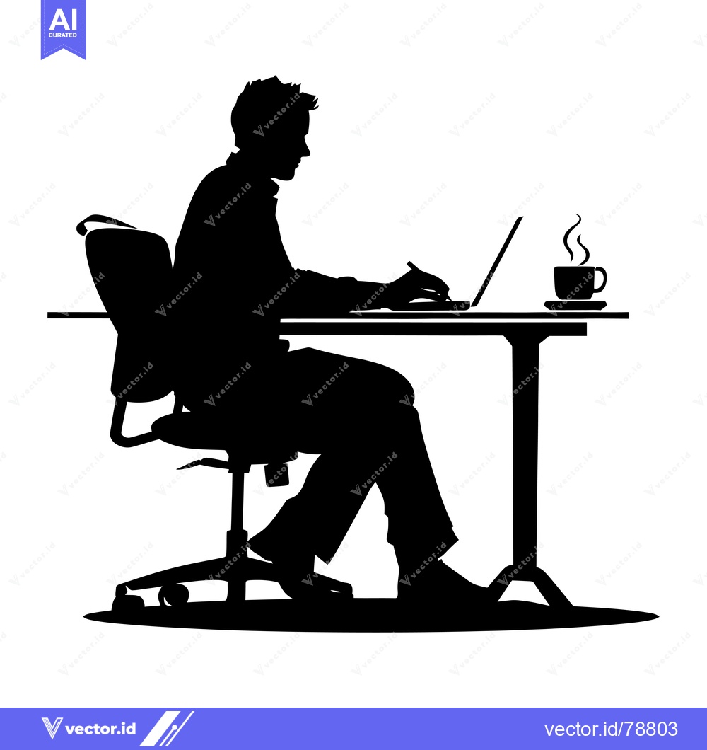 Premium Vector dari Silhouette of a man working at a desk with a laptop and a cup of coffe