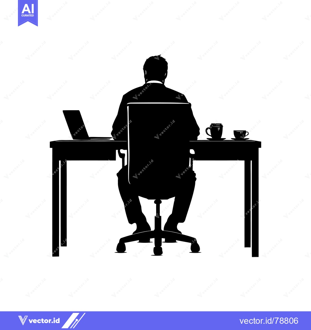 Premium Vector of Silhouette of a man sitting at a desk with a laptop and two mugs