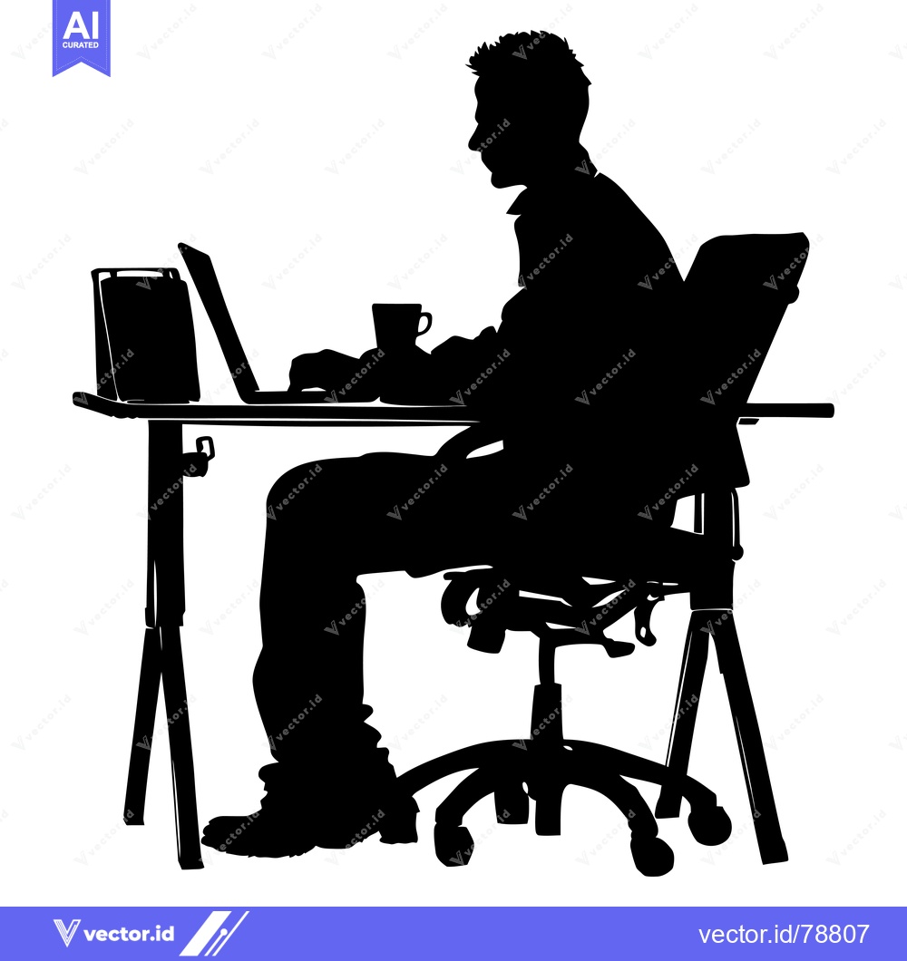 Premium Vector dari Silhouette of a man working on a laptop at a desk with a mug