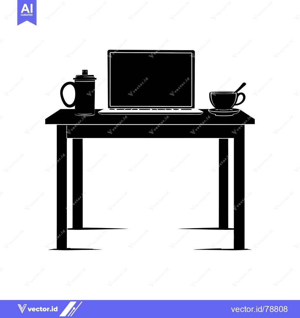 Premium Vector of Black Silhouette of a Desk with a Laptop, Cup, and Water Bottle