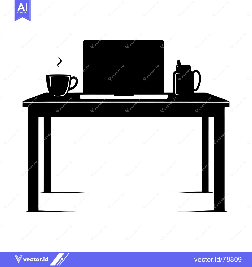 Premium Vector dari Black and White Silhouette of a Desk with a Laptop, Coffee Cup, and Mu