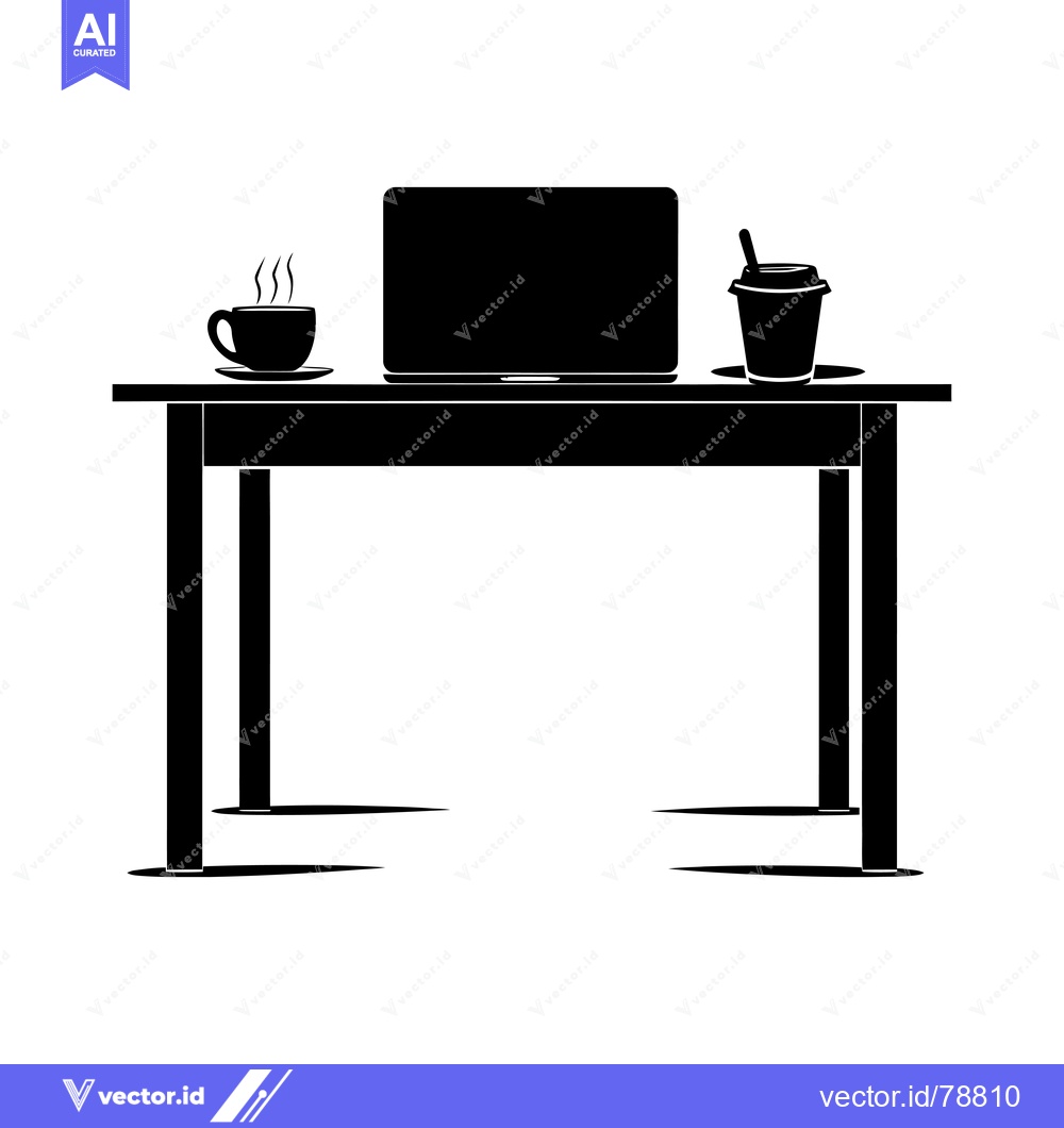 Premium Vector dari Black Silhouette of a Table with a Laptop, Coffee Mug, and a Cup of Co