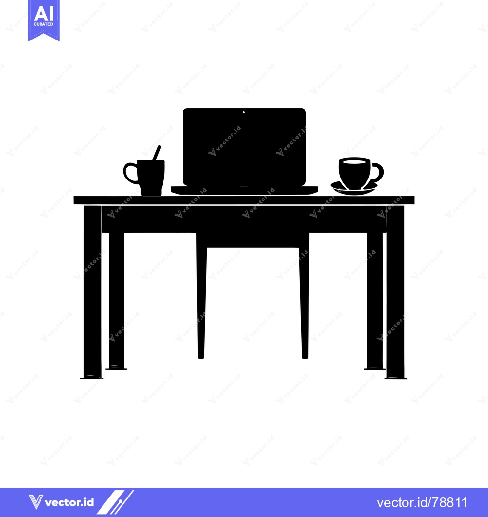 Premium Vector dari Black Silhouette of a Desk with a Laptop, a Cup of Coffee and a Mug