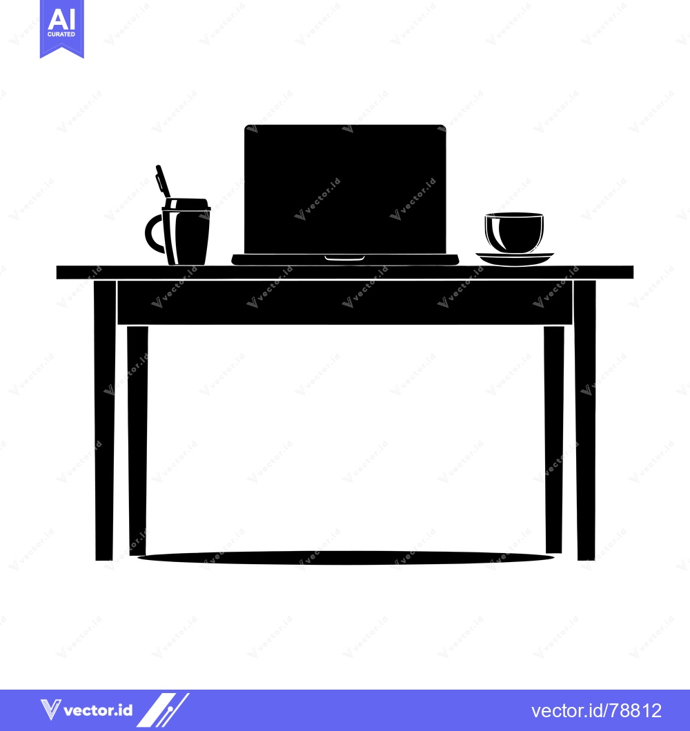 Premium Vector of Black Silhouette of a Desk with a Laptop, Coffee Cup, and a Mug