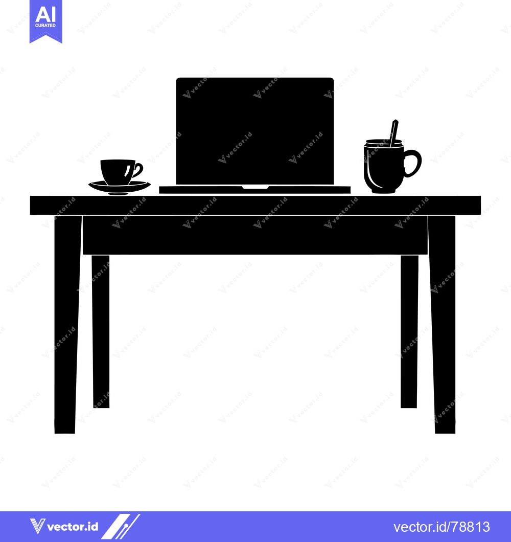 Premium Vector of Black silhouette of a table with a laptop, a mug, and a cup.