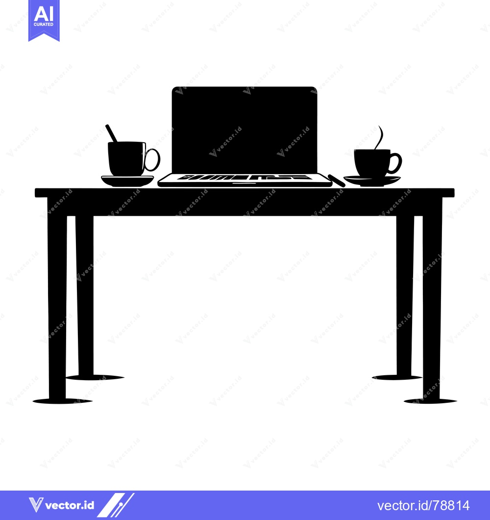 Premium Vector dari Black Silhouette of a Desk with Laptop, Two Coffee Cups, and a Pencil