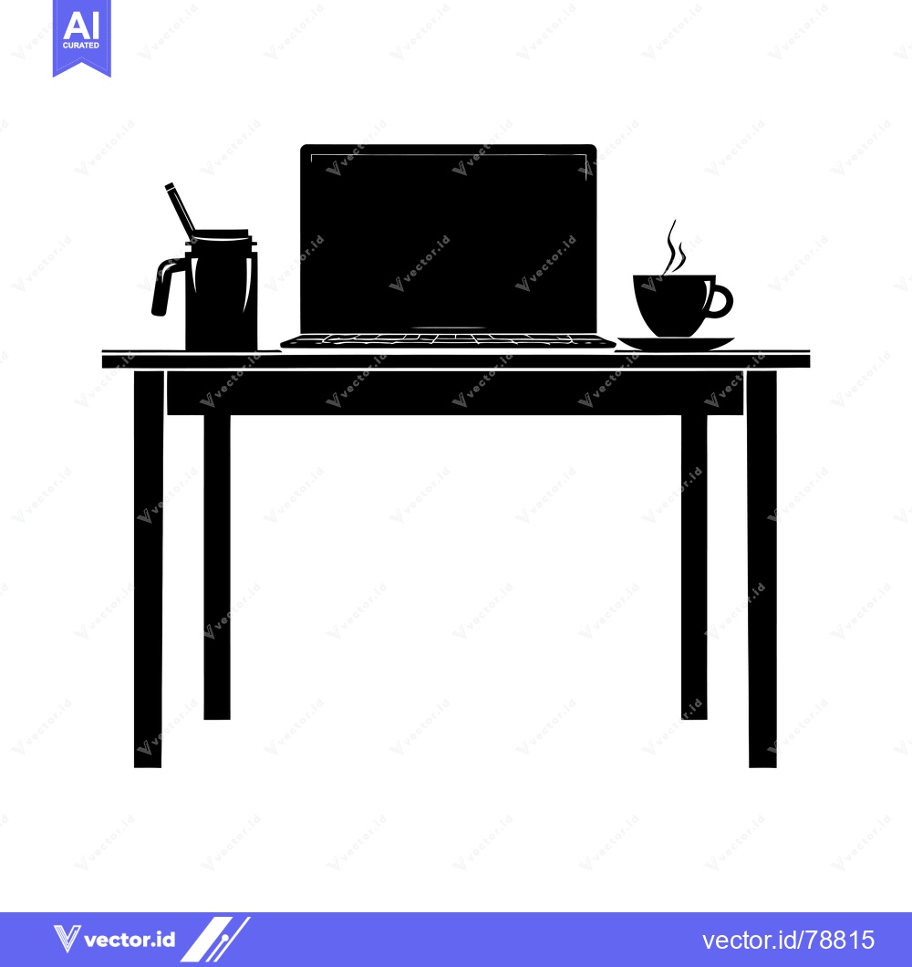 Premium Vector of Black Silhouette of a Desk with a Laptop, Cup of Coffee, and Mug