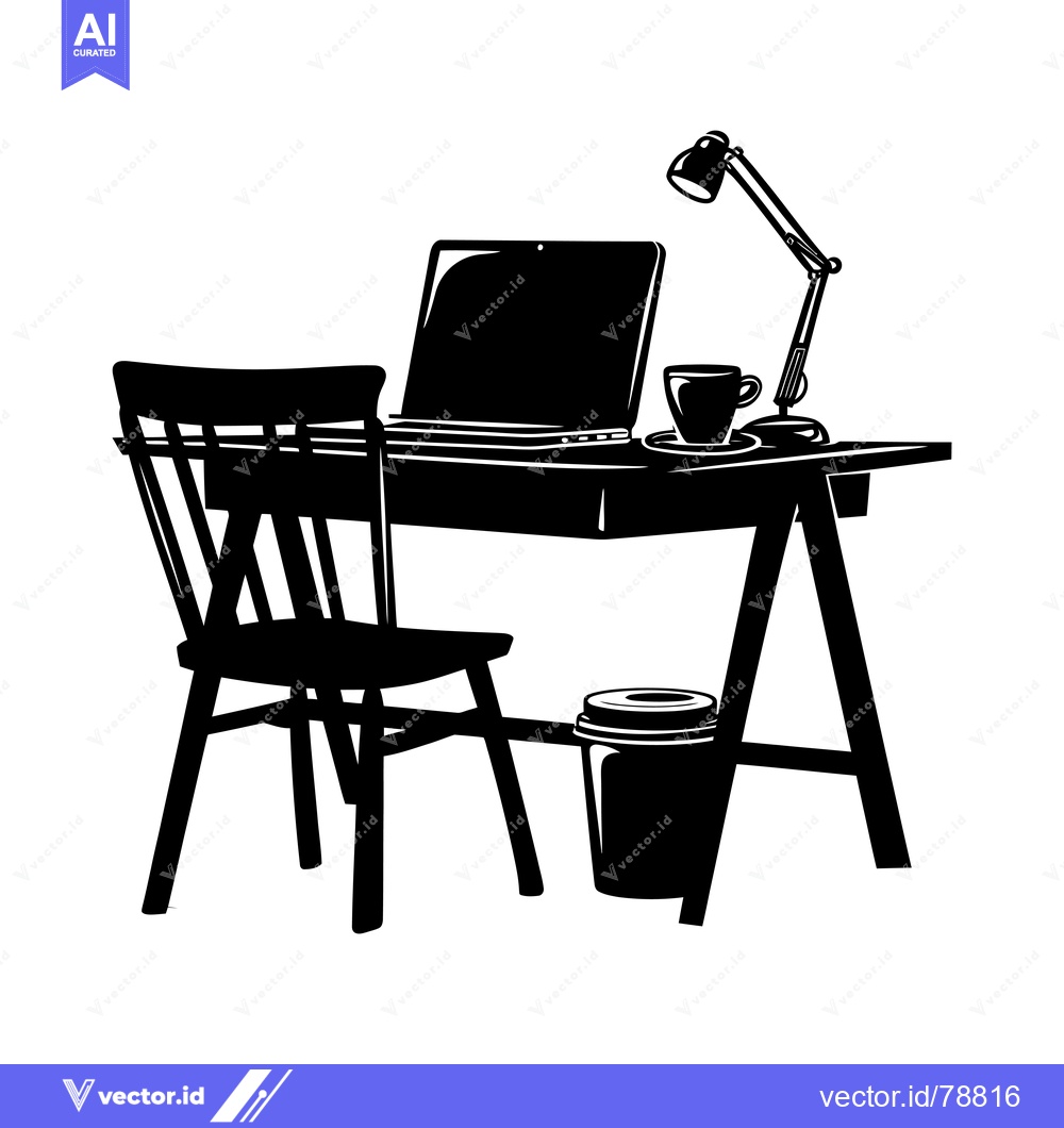 Premium Vector of A Black and White Silhouette of a Desk with a Chair, Laptop, Cup, and