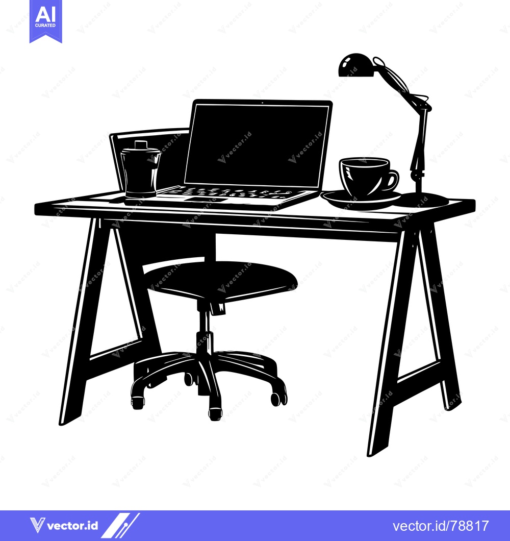 Premium Vector of A Black and White Illustration of a Laptop Desk with a Lamp, Coffee Cu
