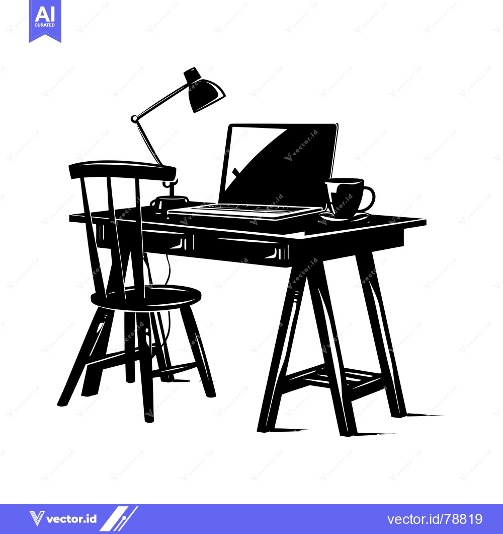Premium Vector of Black and White Illustration of a Desk with a Laptop, Chair, and a Lam