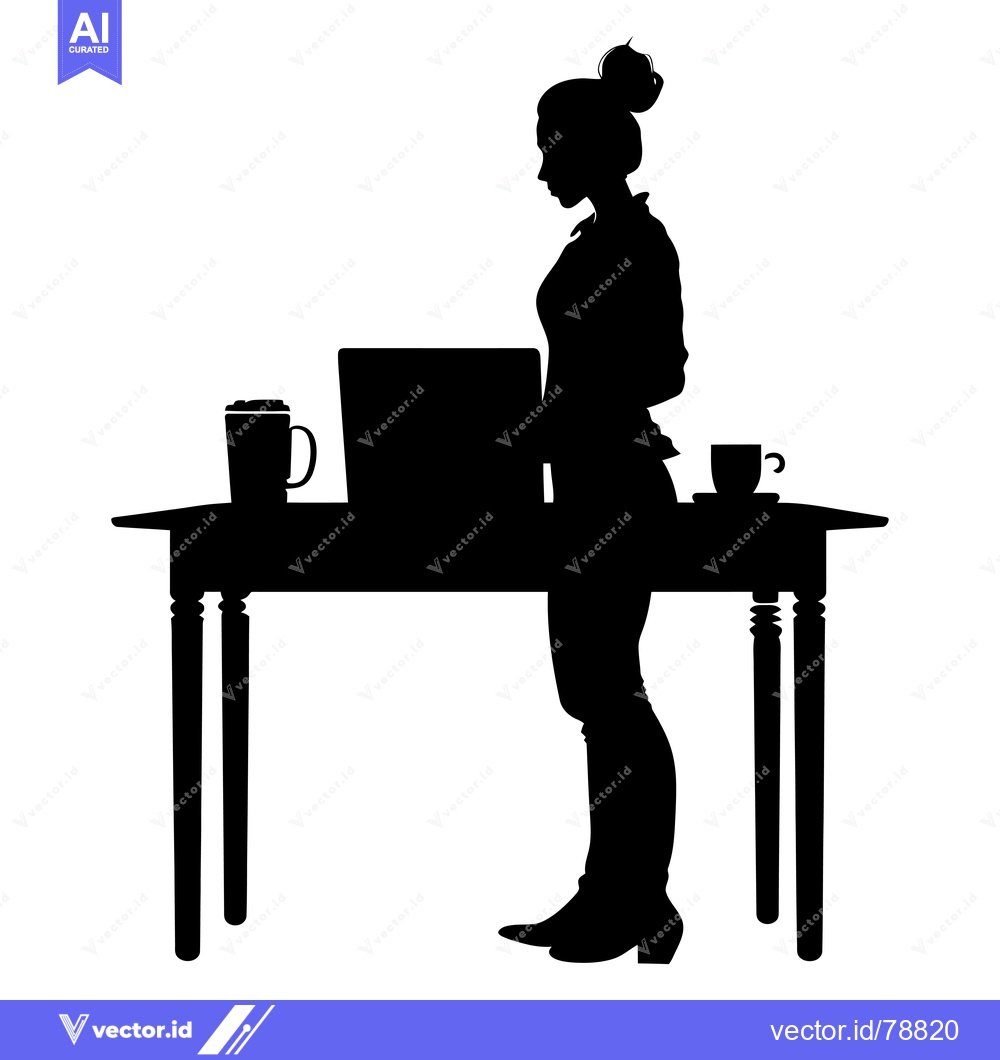 Premium Vector dari Silhouette of a woman working at her desk with a laptop and coffee
