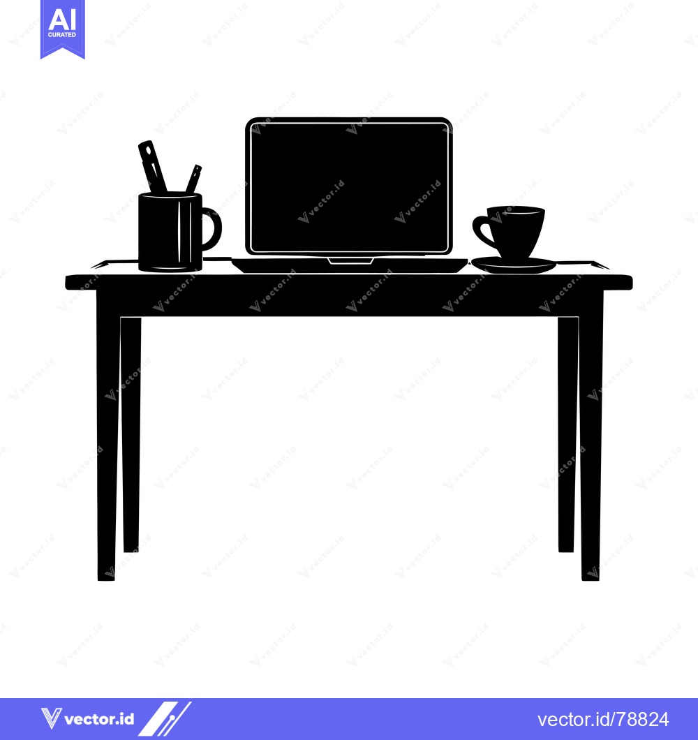 Premium Vector dari Black silhouette of a desk with a laptop, a cup of coffee, and a penci