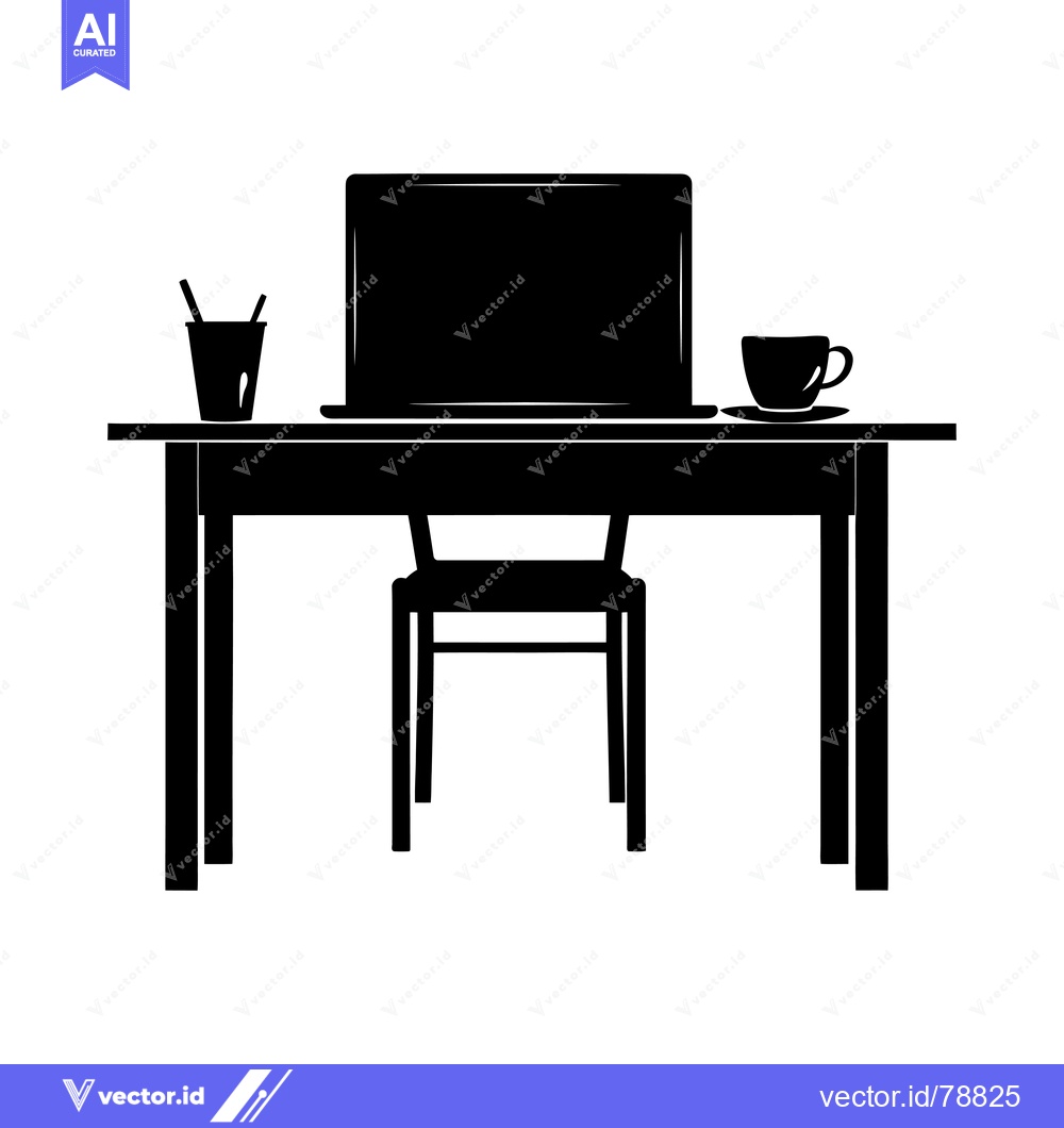 Premium Vector of Black Silhouette of a Desk with a Laptop, Chair, Cup and Pencil Holder