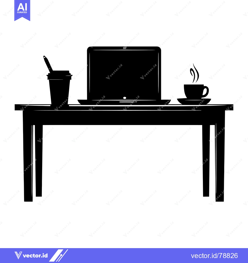 Premium Vector of Black Silhouette of a Desk with a Laptop, Coffee, and a Pen