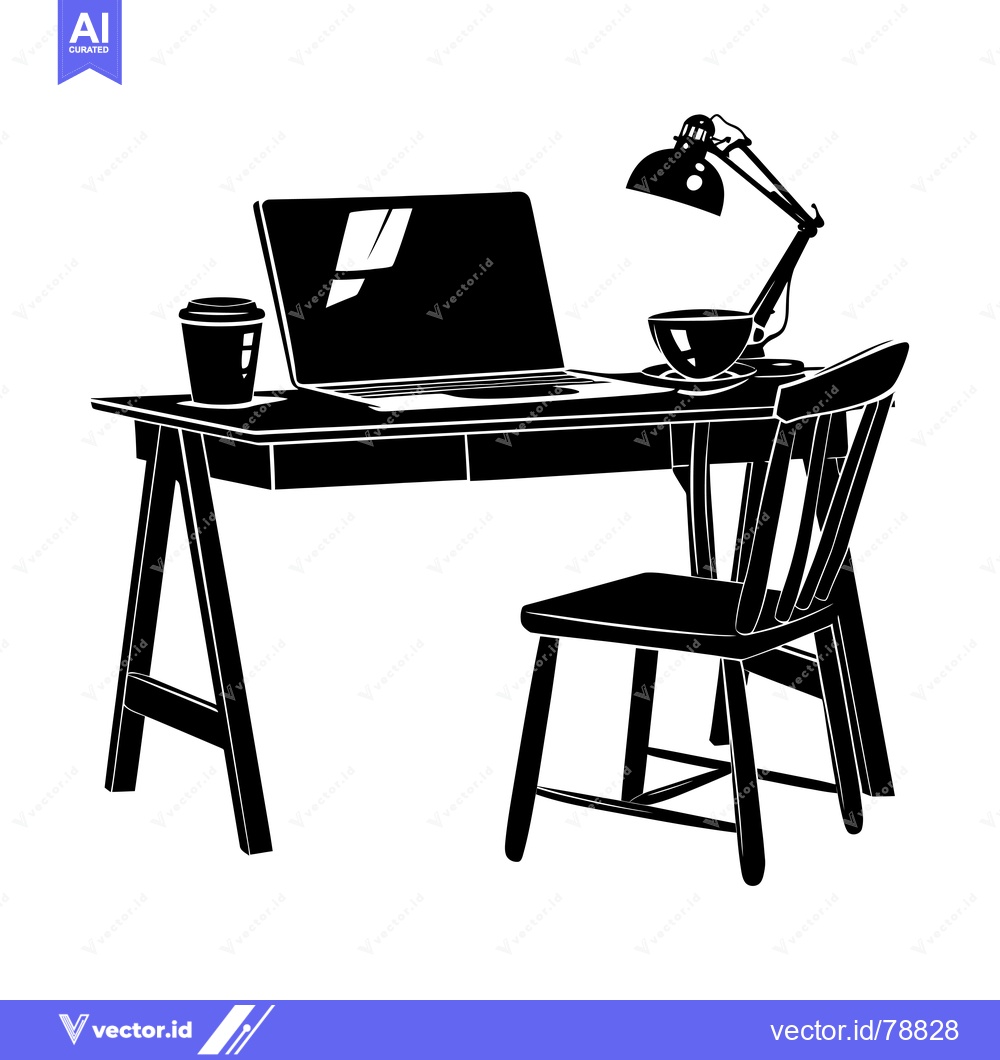 Premium Vector dari A Simple Desk with a Laptop, Lamp, Coffee, and a Chair