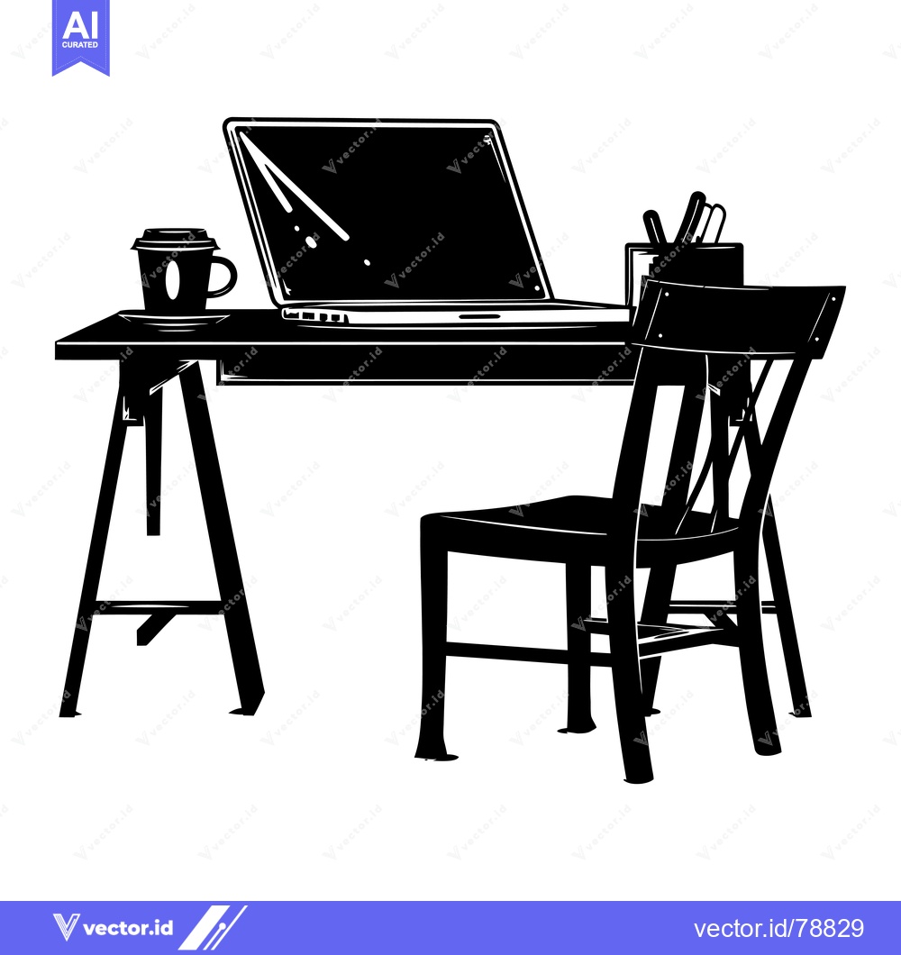 Premium Vector of Black and White Silhouette of a Desk with a Laptop, Chair, and Coffee