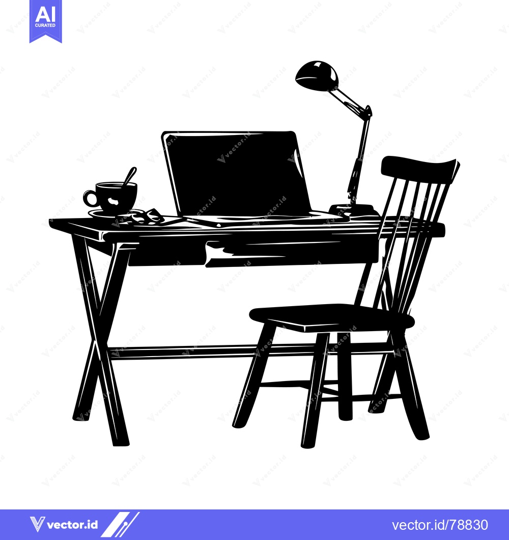 Premium Vector dari Black and White Silhouette of a Desk with a Laptop, Chair, Lamp, and C