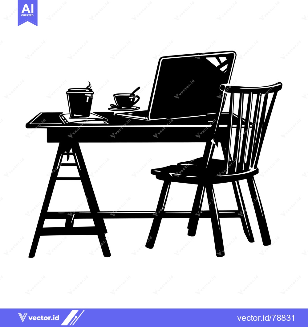 Premium Vector dari A Black and White Silhouette of a Desk with a Laptop, Coffee, and a Ch