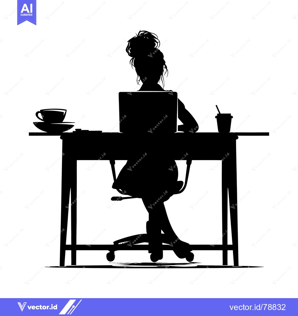 Premium Vector dari Silhouette of a Woman Working at a Desk with a Laptop, Cup, and a Drin