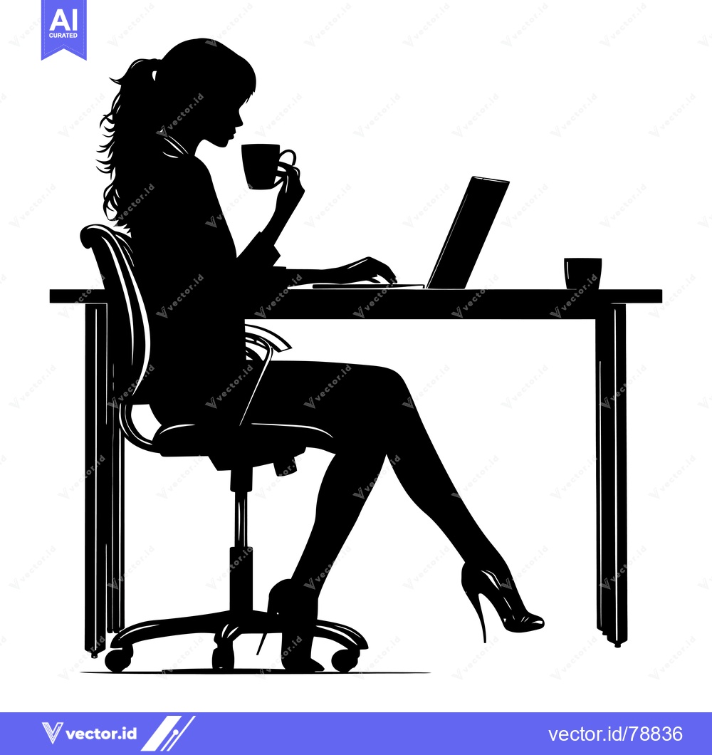 Premium Vector dari Silhouette of a Woman Working on a Laptop While Drinking Coffee