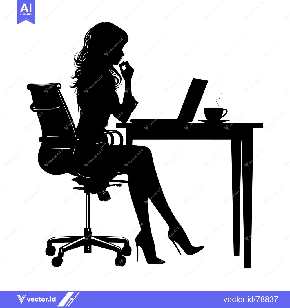 Premium Vector of Silhouette of a Woman Sitting at a Desk with a Laptop and a Cup of Cof