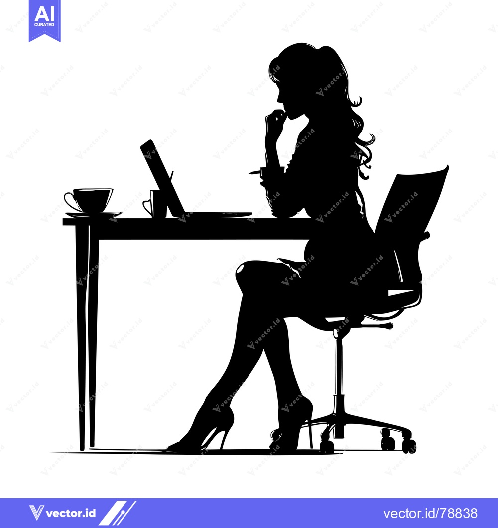 Premium Vector dari Silhouette of a Woman Sitting at a Desk with a Laptop