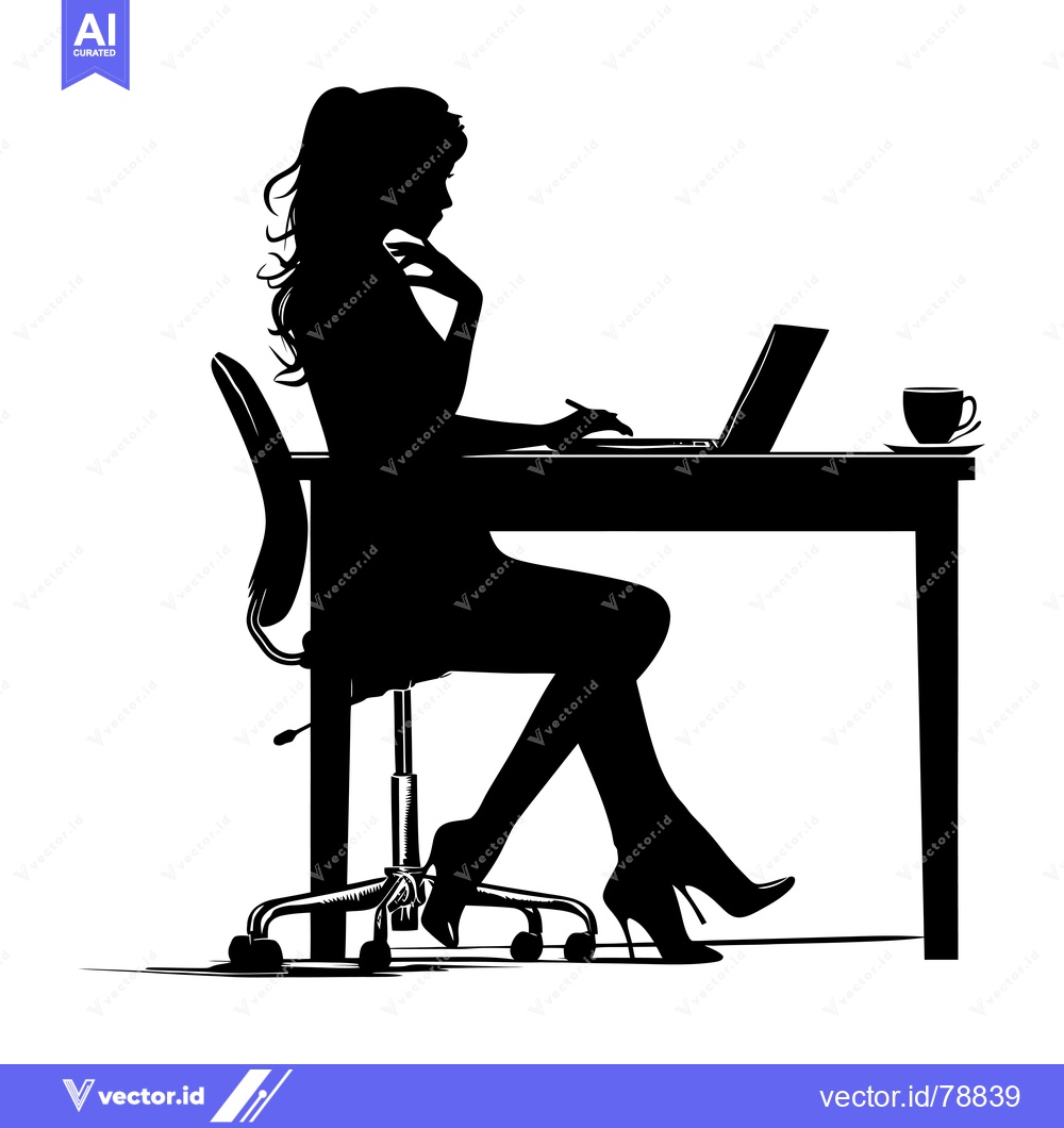 Premium Vector dari Silhouette of a Woman Working at a Desk with a Laptop and Coffee