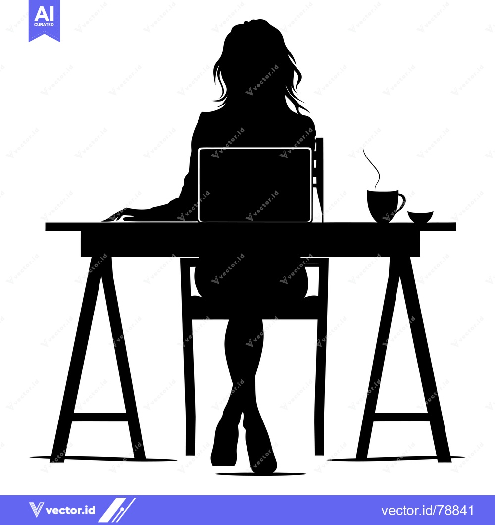 Premium Vector of Silhouette of a Woman Working at a Desk with a Laptop and Coffee