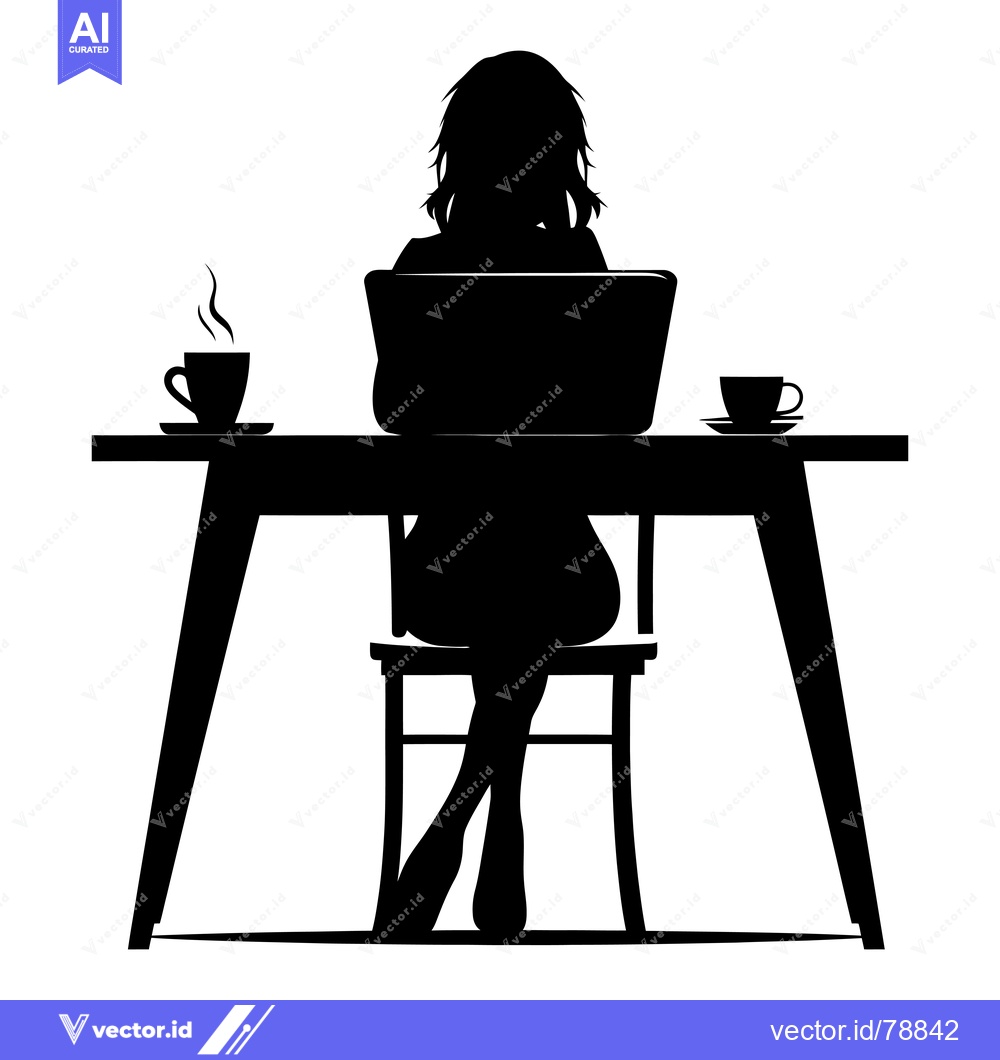 Premium Vector of Silhouette of a Woman Working at a Desk with a Laptop and Coffee