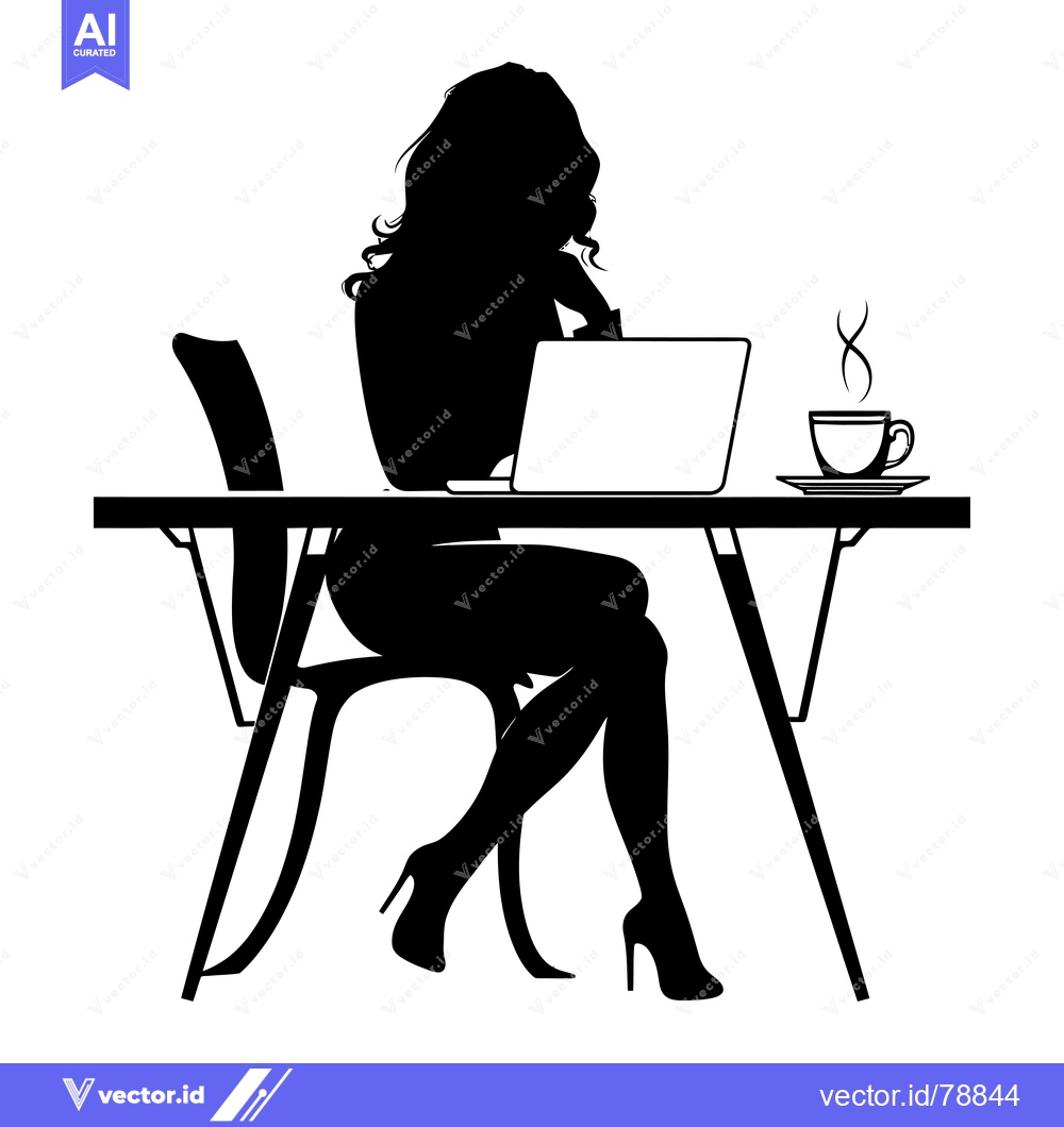 Premium Vector of Silhouette of a Woman Working at a Desk with a Laptop and a Cup of Cof