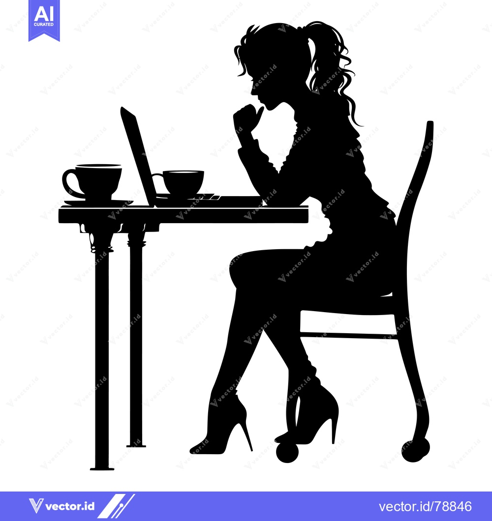 Premium Vector of Silhouette of a Woman Working on a Laptop at a Table