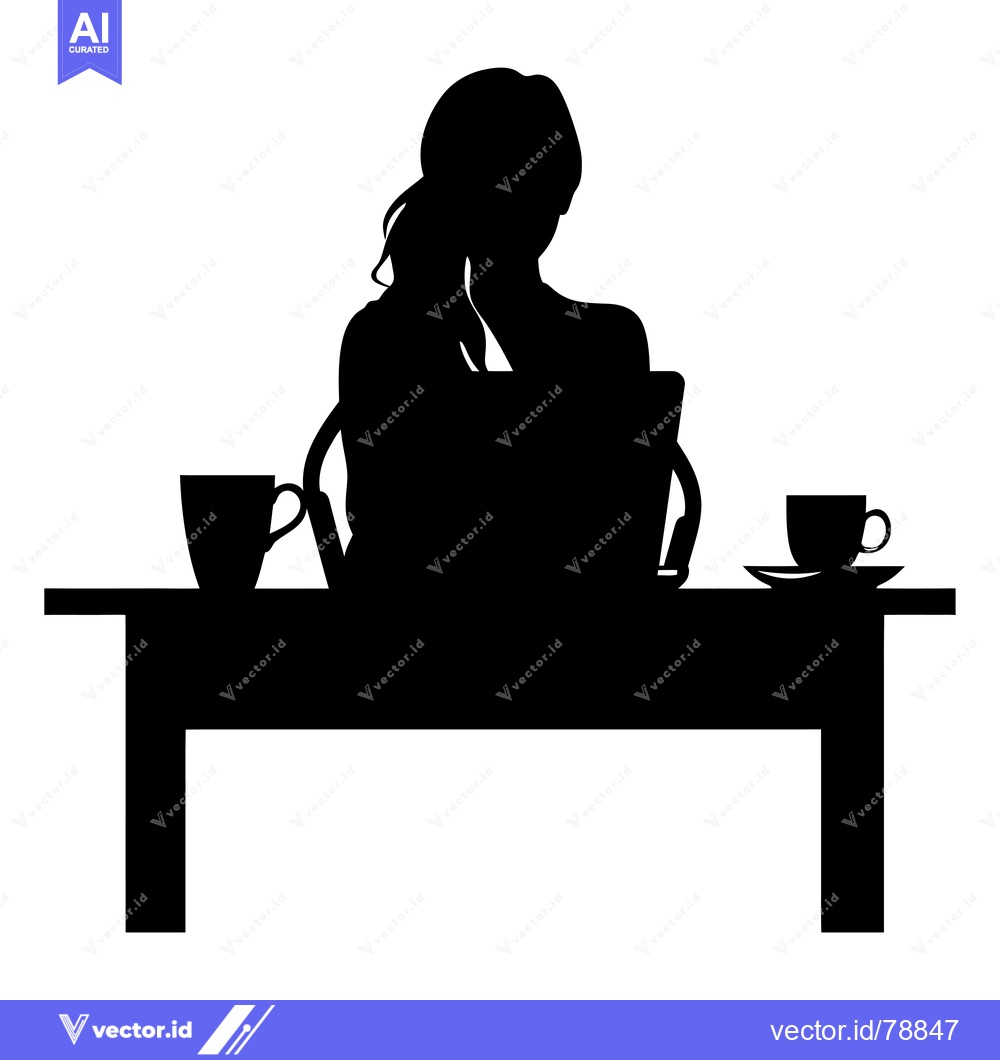 Premium Vector dari Silhouette of a Woman Working at a Desk with Two Cups