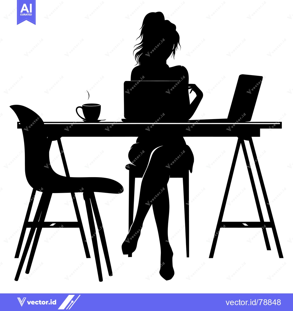 Premium Vector dari Silhouette of a Woman Sitting at a Desk with a Laptop and Coffee