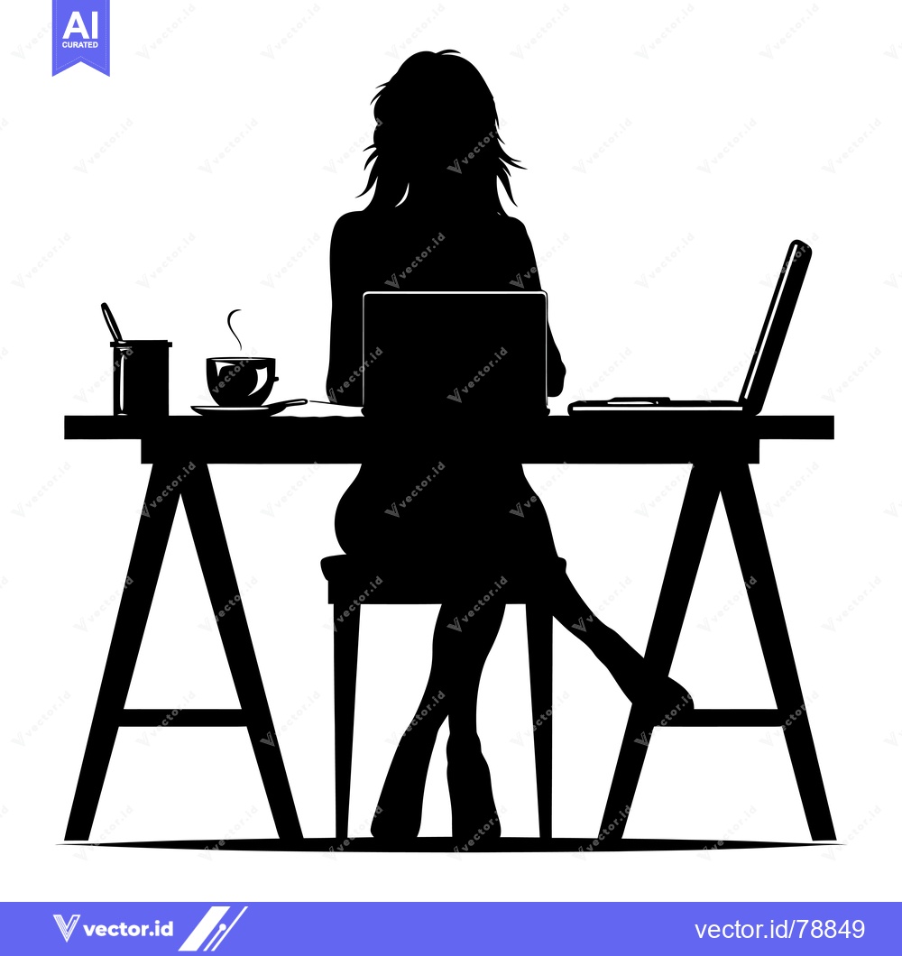 Premium Vector dari Silhouette of a Woman Working at a Desk with a Laptop and a Cup of Cof
