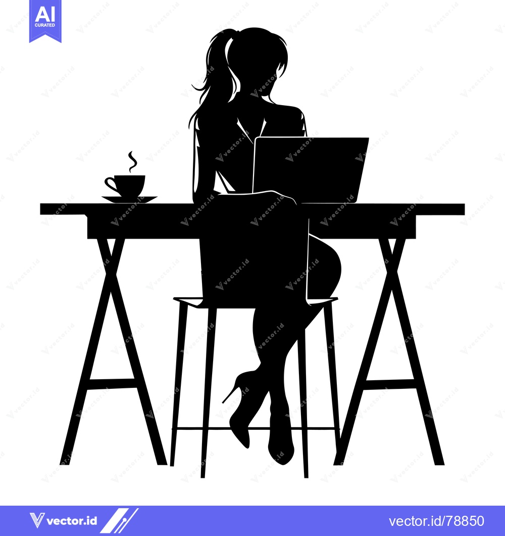 Premium Vector dari Silhouette of a Woman Working at a Desk with a Laptop and a Cup of Cof
