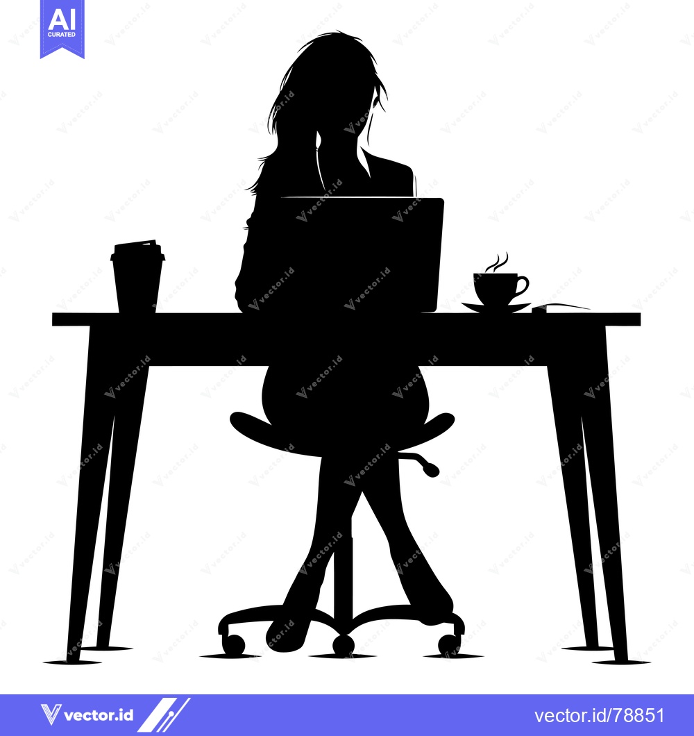 Premium Vector of Silhouette of a Woman Working at a Desk with a Laptop, Coffee, and a B