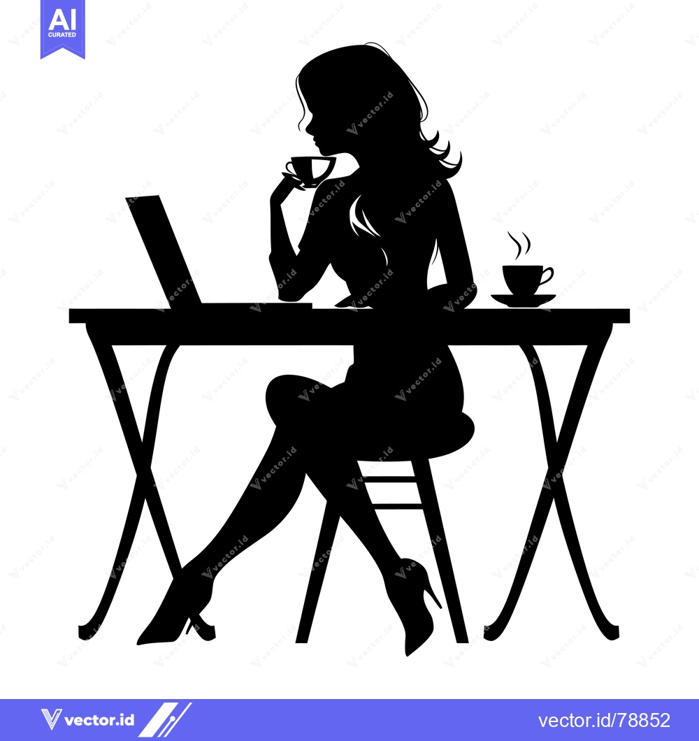 Premium Vector dari Silhouette of a Woman Sitting at a Table with a Laptop and Two Cups of