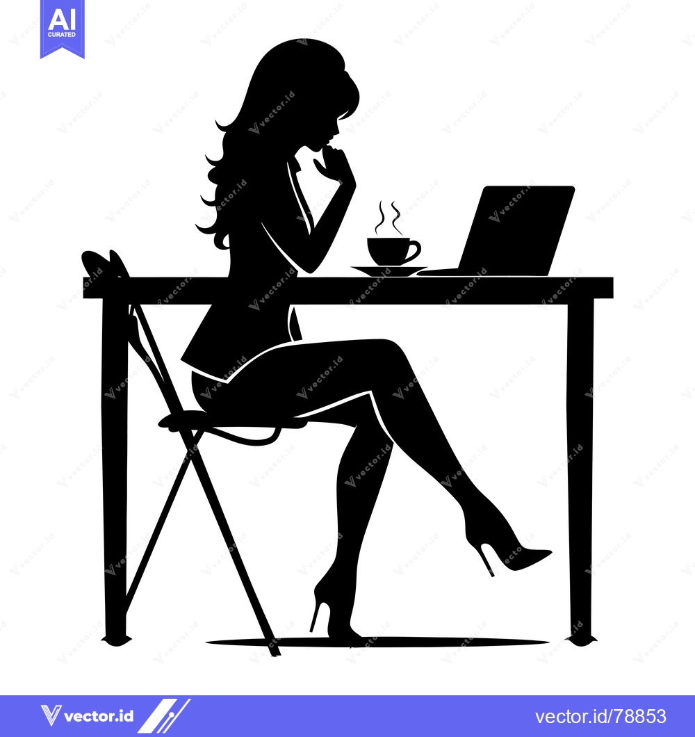 Premium Vector dari Silhouette of a Woman Sitting at a Desk with a Laptop and Coffee