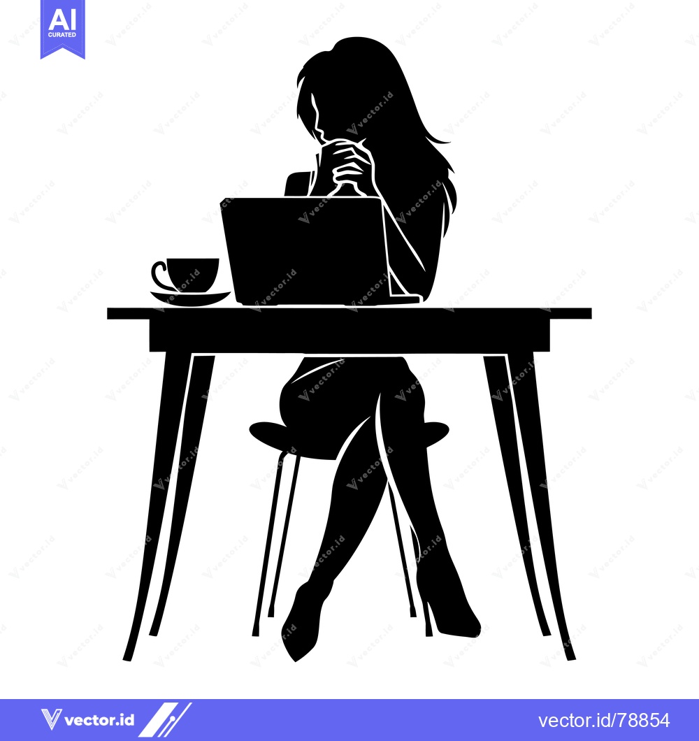 Premium Vector of Silhouette of a woman sitting at a desk with a laptop and a cup of cof