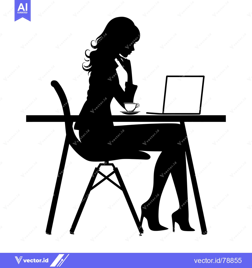 Premium Vector dari Silhouette of a woman working on a laptop at a desk, drinking coffee